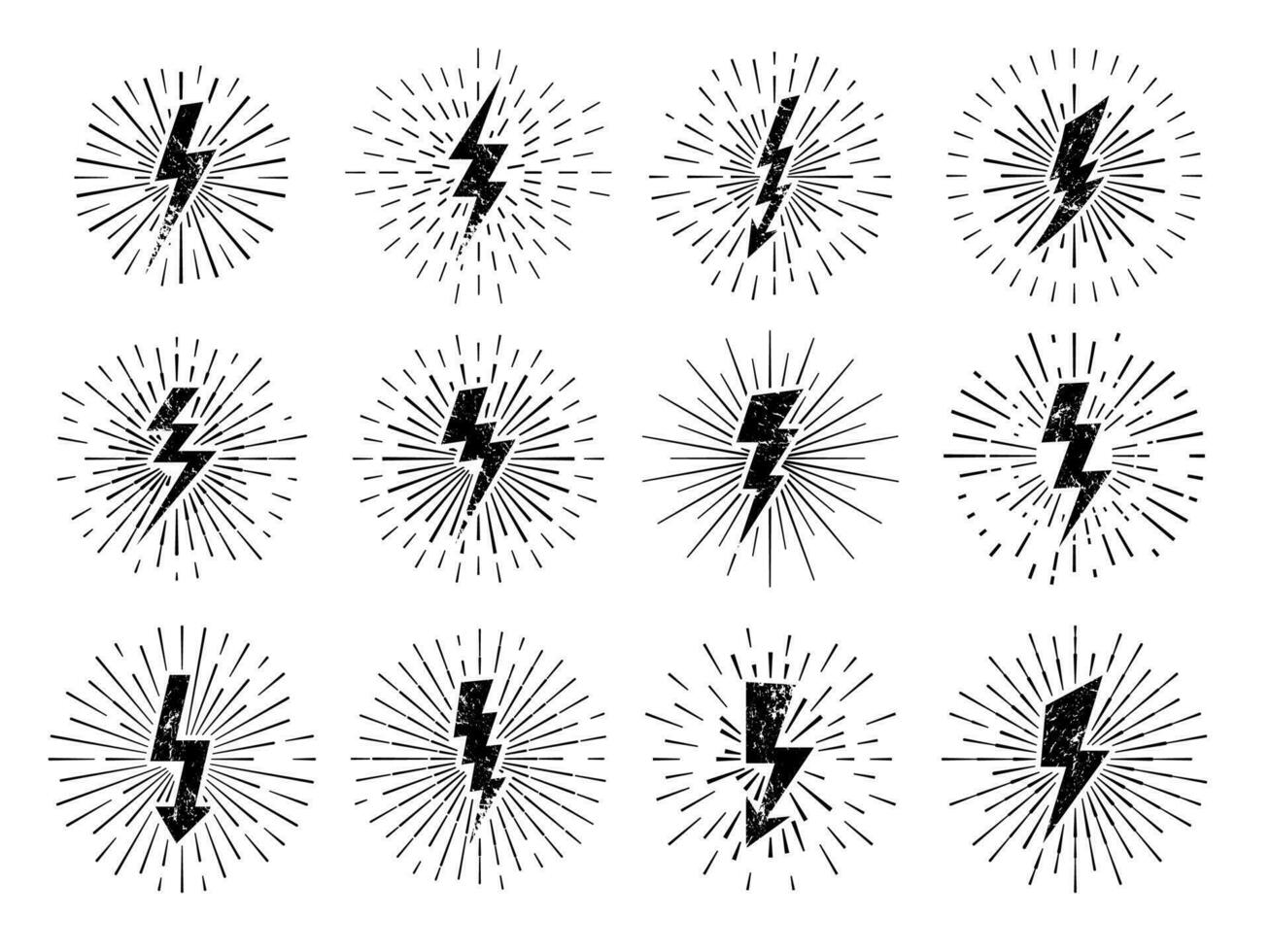 Clásico rayo signo. retro energía explosión, relámpago Starburst y relámpagos bombardeo aéreo destello hipster señales vector ilustración conjunto