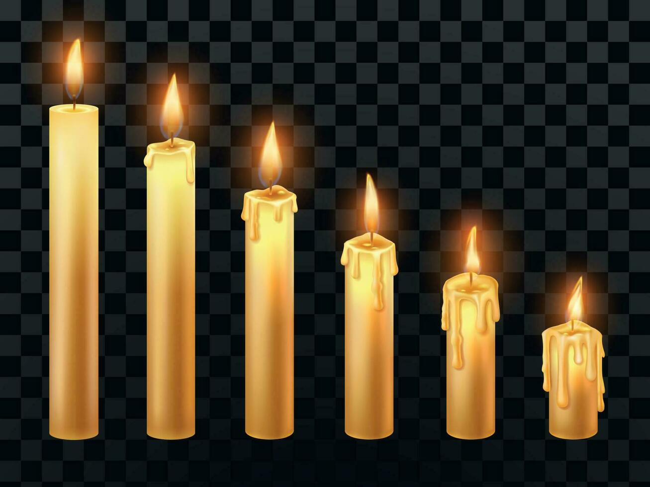 ardiente vela. quemar Iglesia velas, cera fuego y Navidad vela aislado realista vector objetos conjunto