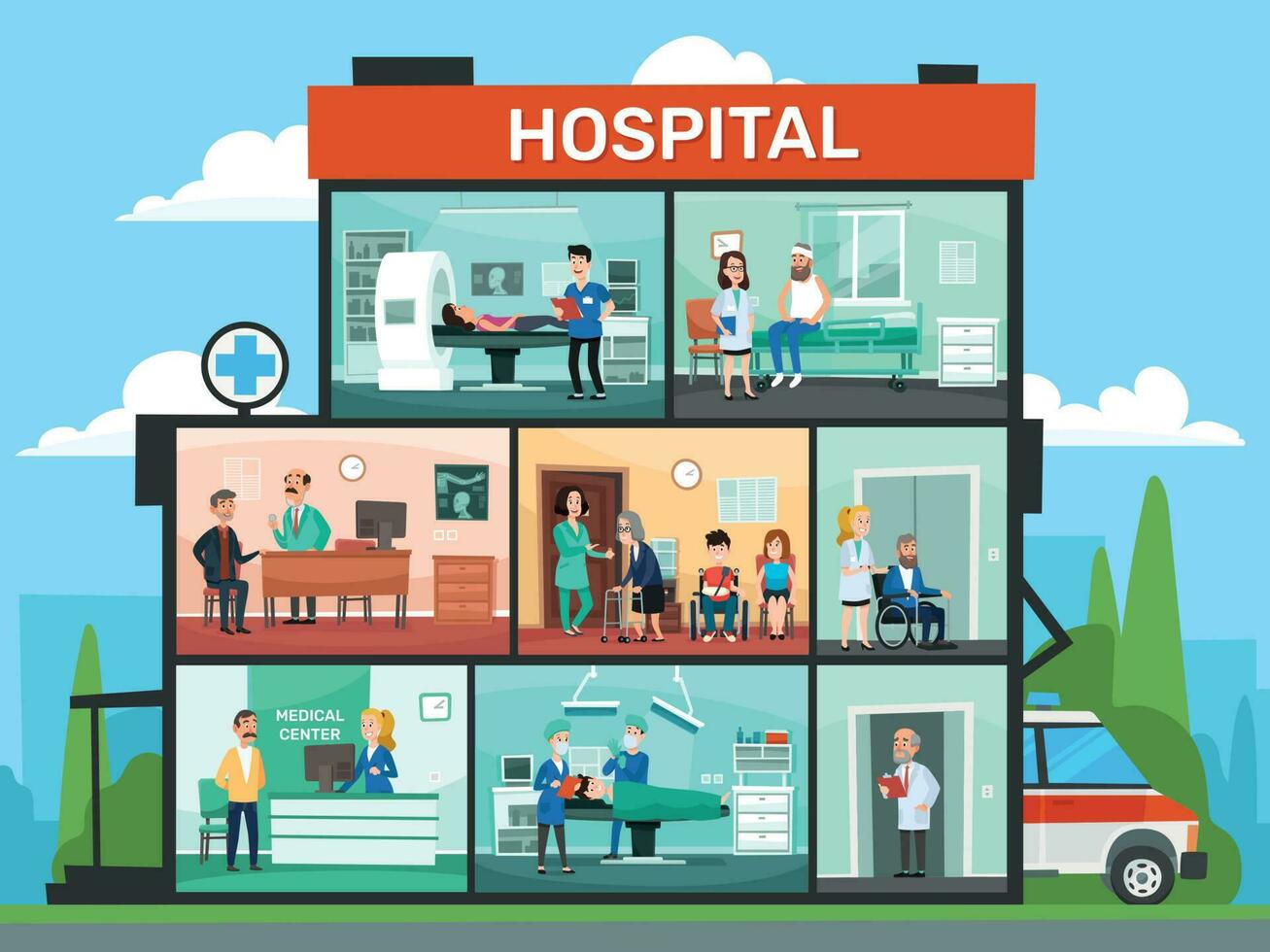 Medical office rooms. Hospital building interior, emergency clinic doctor waiting room and surgery doctors cartoon vector illustration