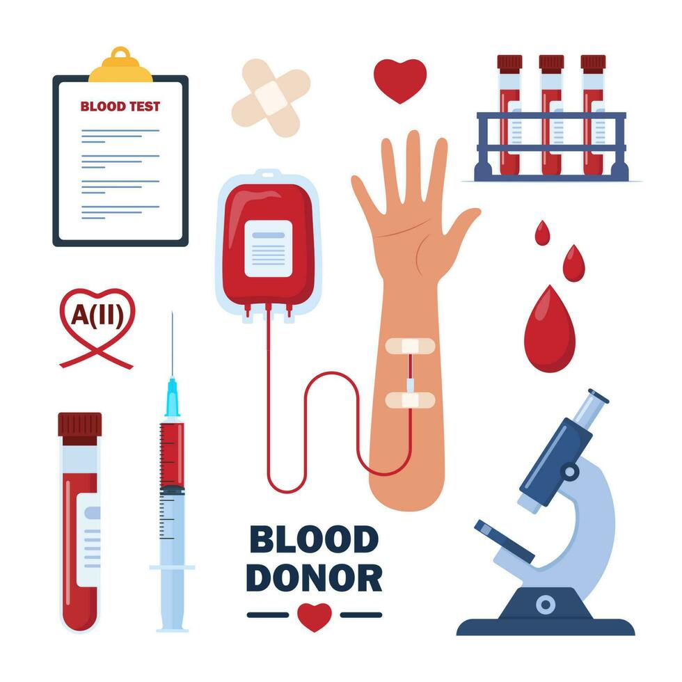sangre transfusión, sangre donación colocar. hematología iconos donar sangre, salud cuidado concepto. mundo sangre donante día. vector ilustración.