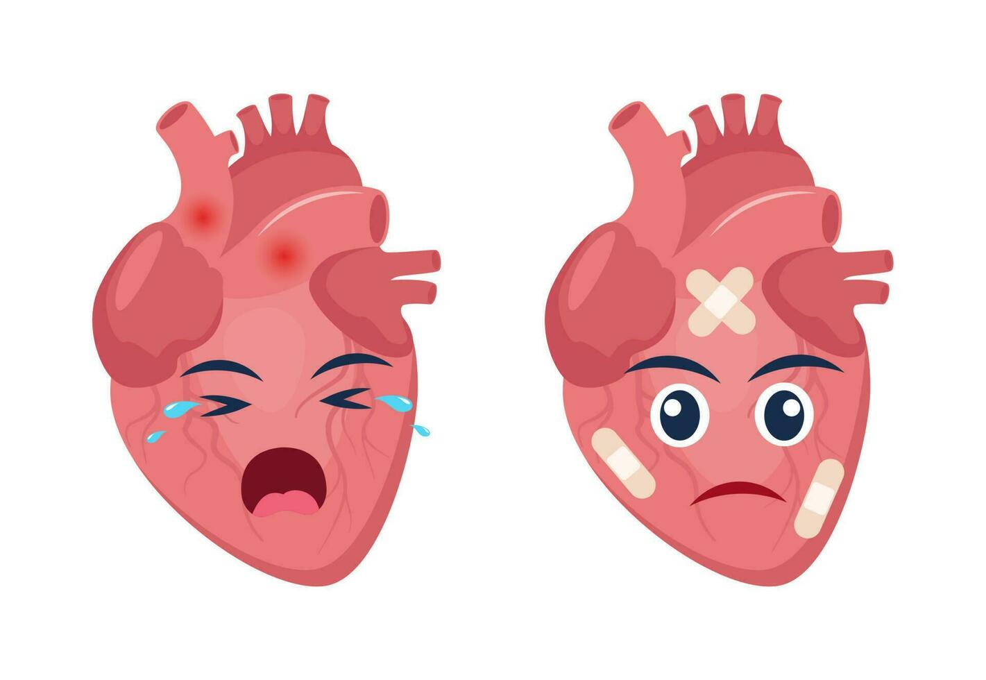 Sick heart with pain ache or disease. Sad cartoon character heart, body organ injured or unhealthy. Human cartoon anatomy, kids medicine. Vector illustration.