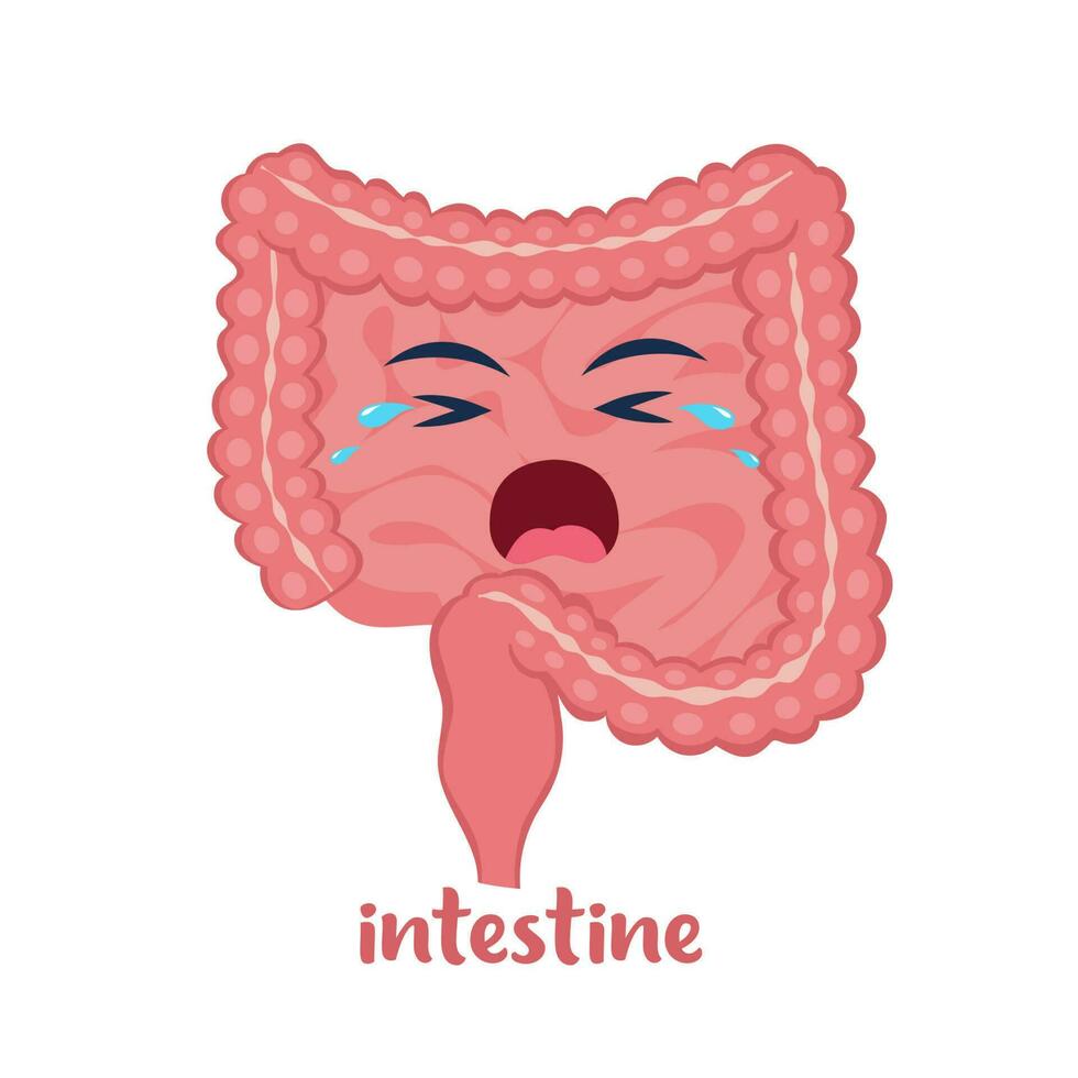 Sick intestine with pain ache or disease. Sad cartoon character intestine, body organ injured or unhealthy. Human cartoon anatomy, kids medicine. Vector illustration.