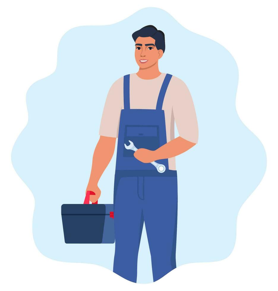 Repairman or mechanic with a toolbox. Man character in uniform with wrench in his hand. Vector illustration.