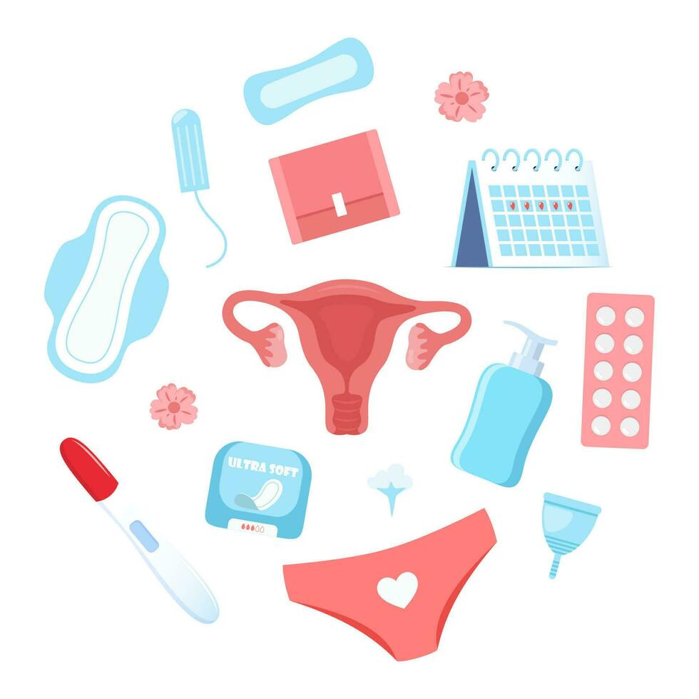 Womans health concept. Menstruation, period, female uterus, reproductive system. Woman, pregnancy test, tampon, calendar, womb, pads, menstrual cup, pants. Vector illustration.