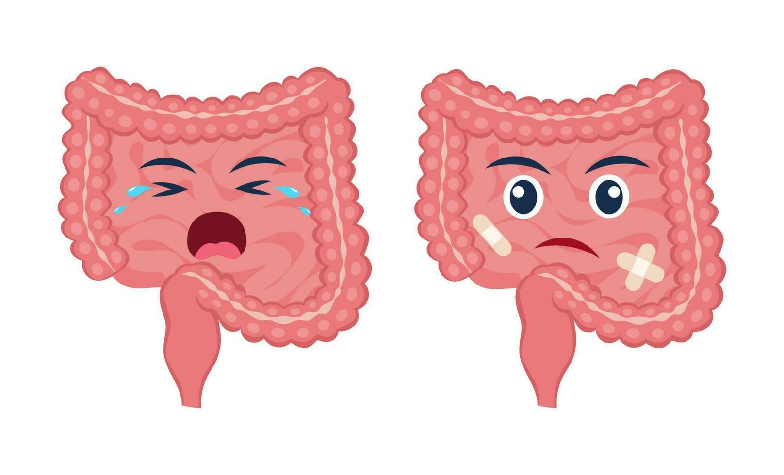 Sick intestine with pain ache or disease. Sad cartoon character intestine, body organ injured or unhealthy. Human cartoon anatomy, kids medicine. Vector illustration.