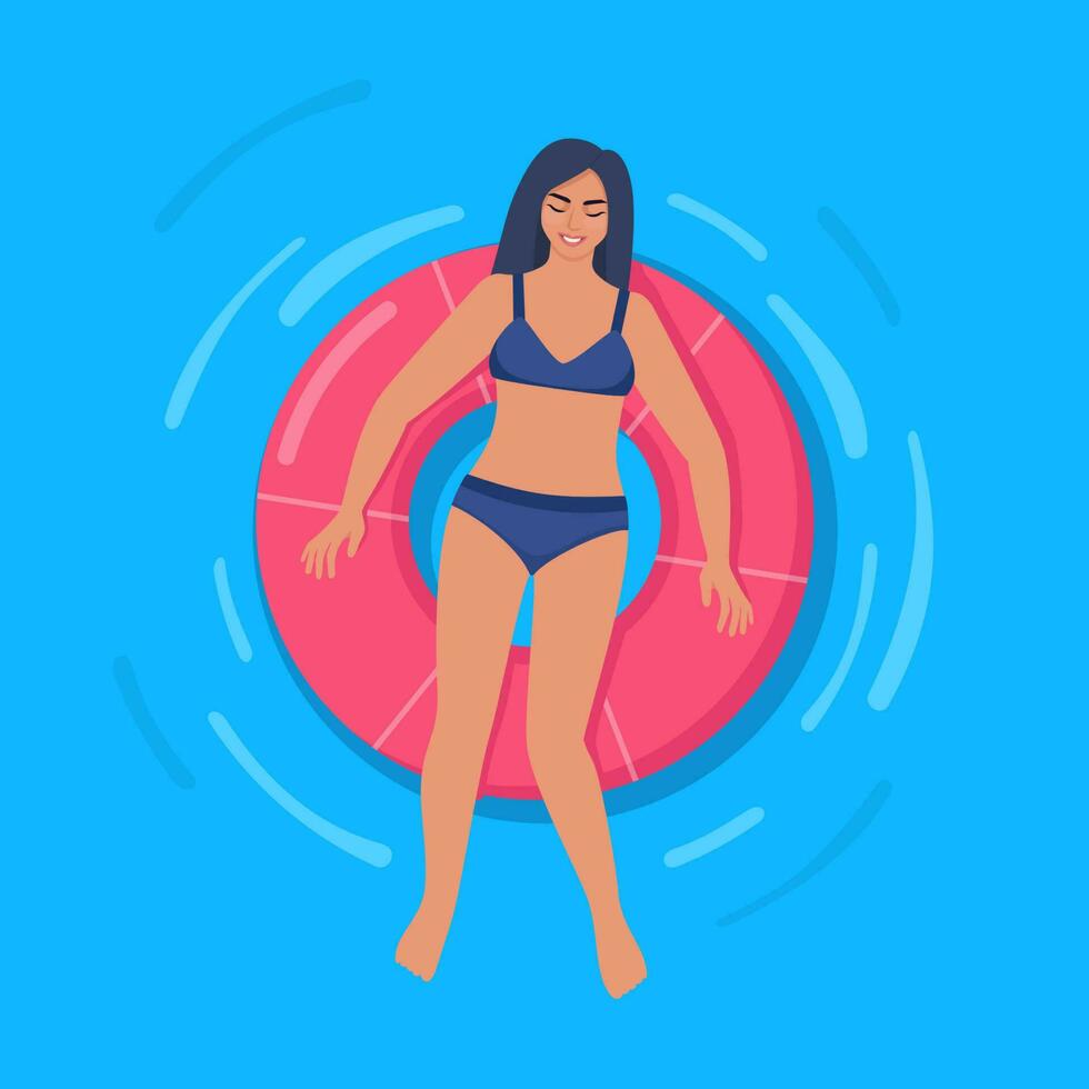Happy woman in swimsuit floating on rubber ring in swimming pool or in the sea. Relaxation, enjoying life concept. Vector Illustration.