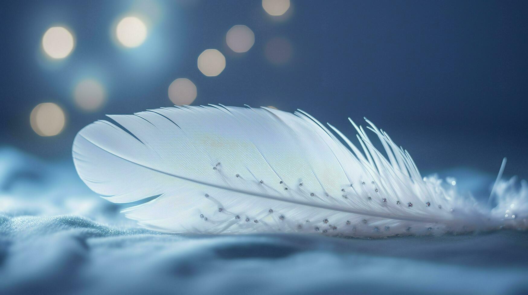 a bright blue background with one white feather, in the style of soft and dreamy pastels, glimmering light effects, nature inspired imagery, fairycore, soft focal points, generate ai photo