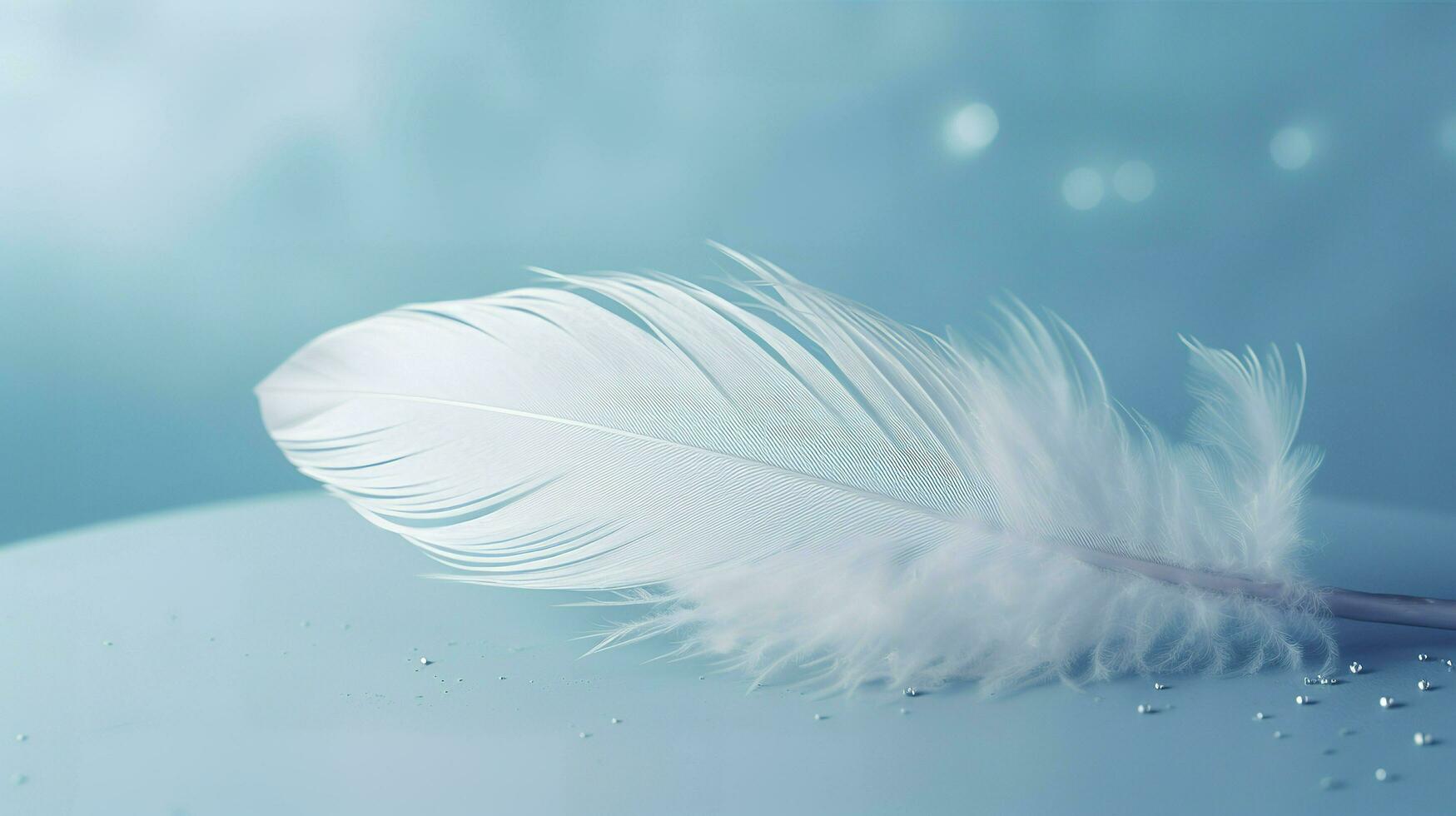 a bright blue background with one white feather, in the style of soft and dreamy pastels, glimmering light effects, nature inspired imagery, fairycore, soft focal points, generate ai photo