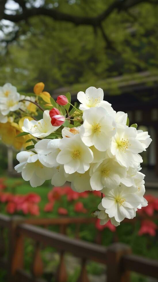 Chinese Suzhou garden, yellow red white begonia flower, petals high definition, detail, full of flowers, beautiful, background clearly visible white fence and windows, generate ai photo