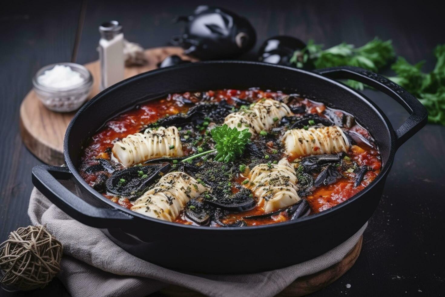 Traditional Italian spaghetti al nero di seppia with squid ink in tomato sauce served as close-up in a cast-iron pan on a wooden board, generate ai photo