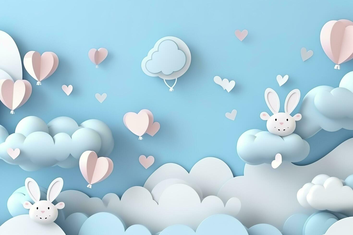 Horizontal banner with paper cut clouds, rabbit, eggs, and hearts, blue sky background, paper cut craft art. A place for text. Happy Easter Day sale concept, template with square frame, generate ai photo