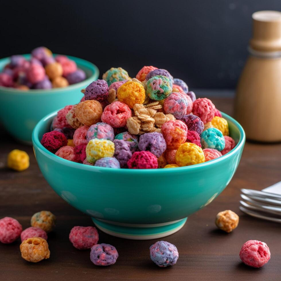 Cereal in breakfast bowl filled with mixtures photo