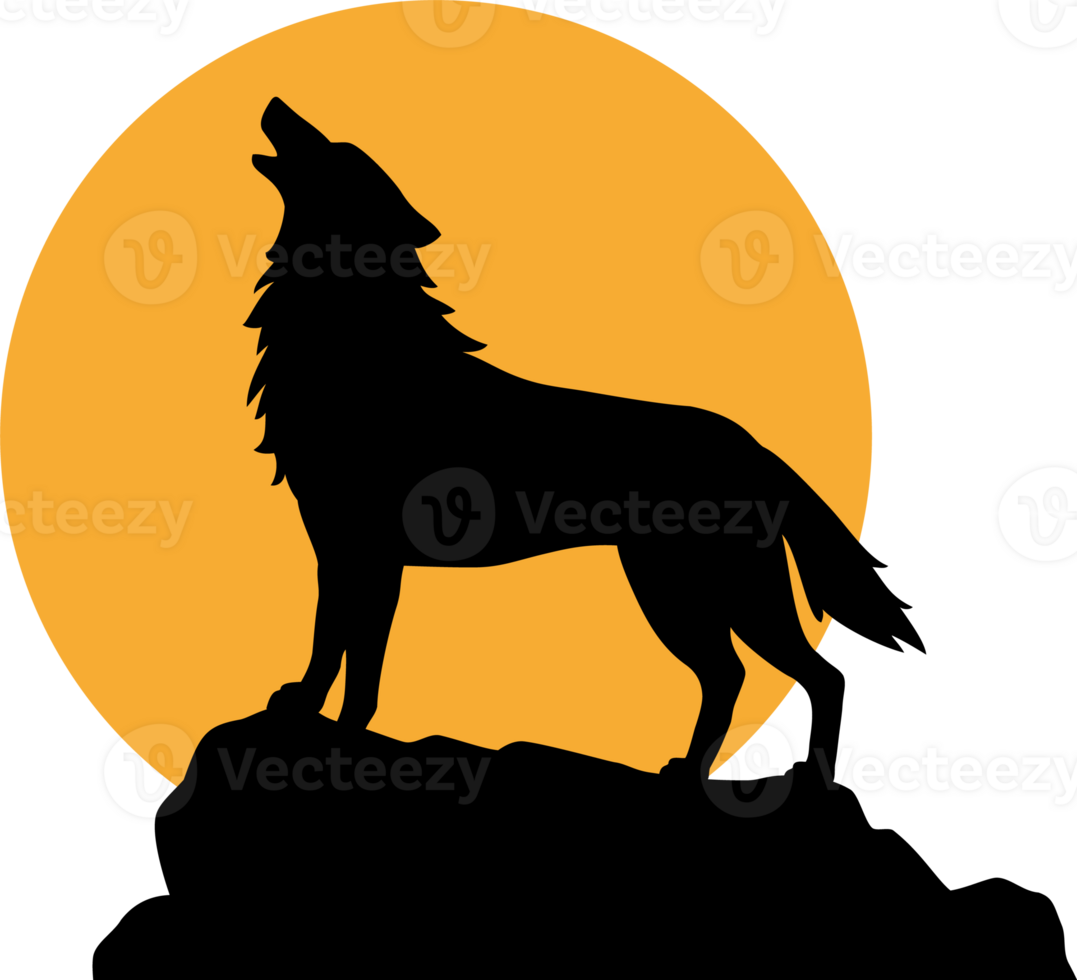 Silhouette of Howling Wolf and Full Moon PNG Illustration