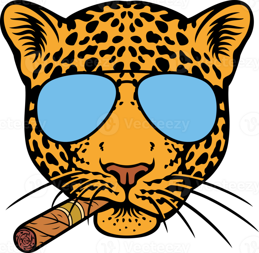 Jaguar Head with Aviator Sunglasses and Cuban Cigar PNG Illustration