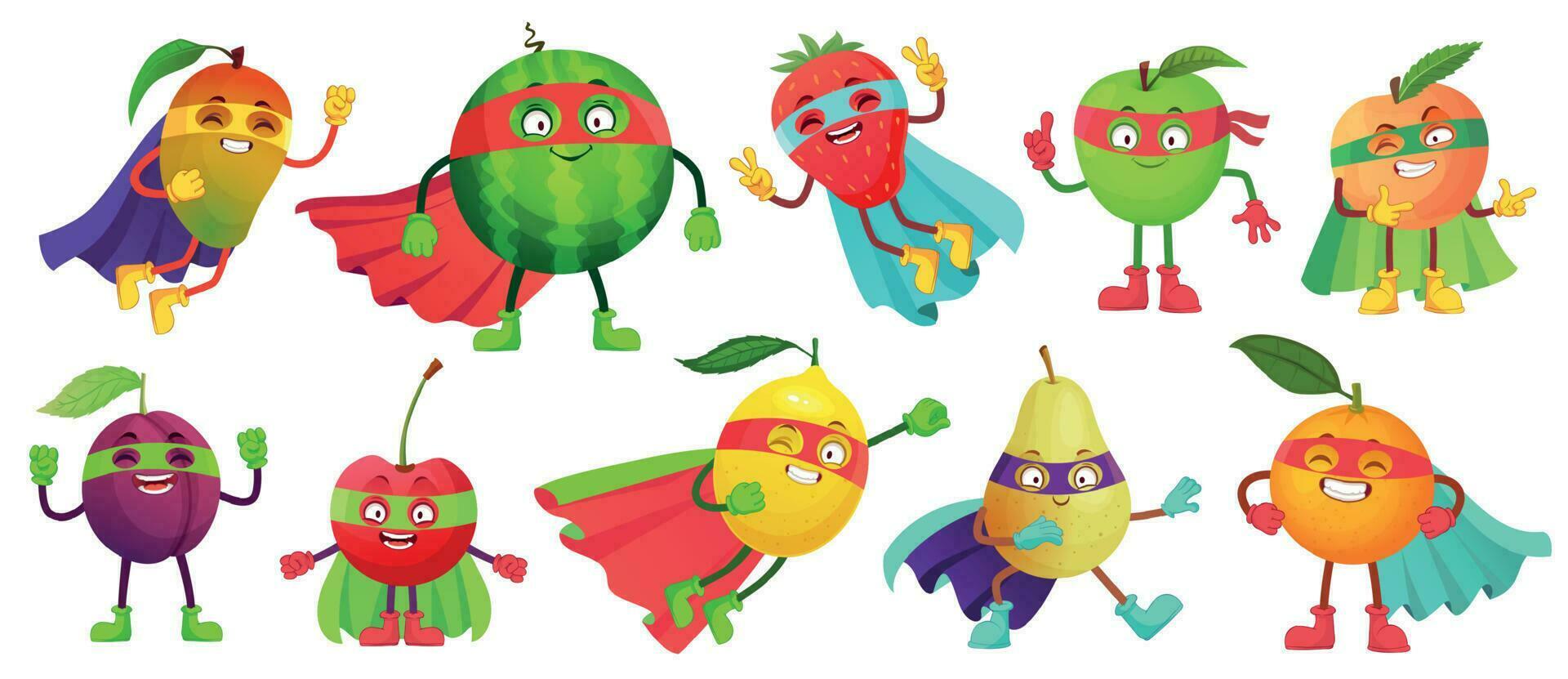 superhéroe fruta. súper manzana, baya y naranja en héroe capa traje. jardín superhéroes sano comida dibujos animados vector ilustración conjunto