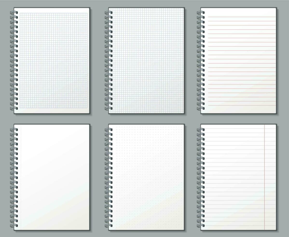 Notebook page. Lined and dotted pages, notebooks binded on metal spiral and padded sheet mockup template vector illustration set