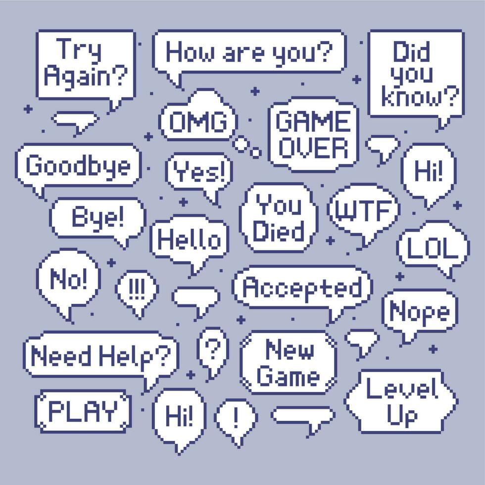 Pixel speech bubbles. Video game talk balloon, retro 8 bit speech bubble and computer games speak vector illustration set