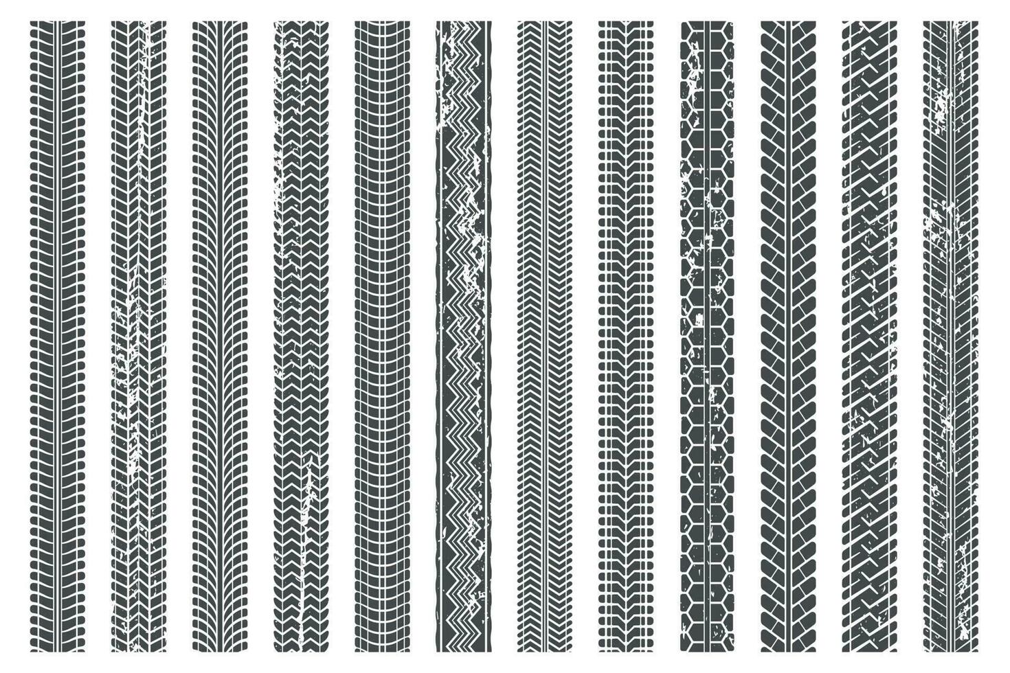 Tires tread tracks. Dirty tire track, grunge texture treads pattern and truck car trace vector illustration set