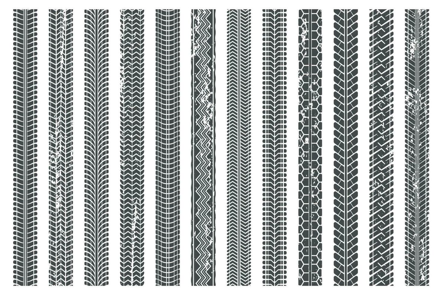 Tires tread tracks. Dirty tire track, grunge texture treads pattern and truck car trace vector illustration set