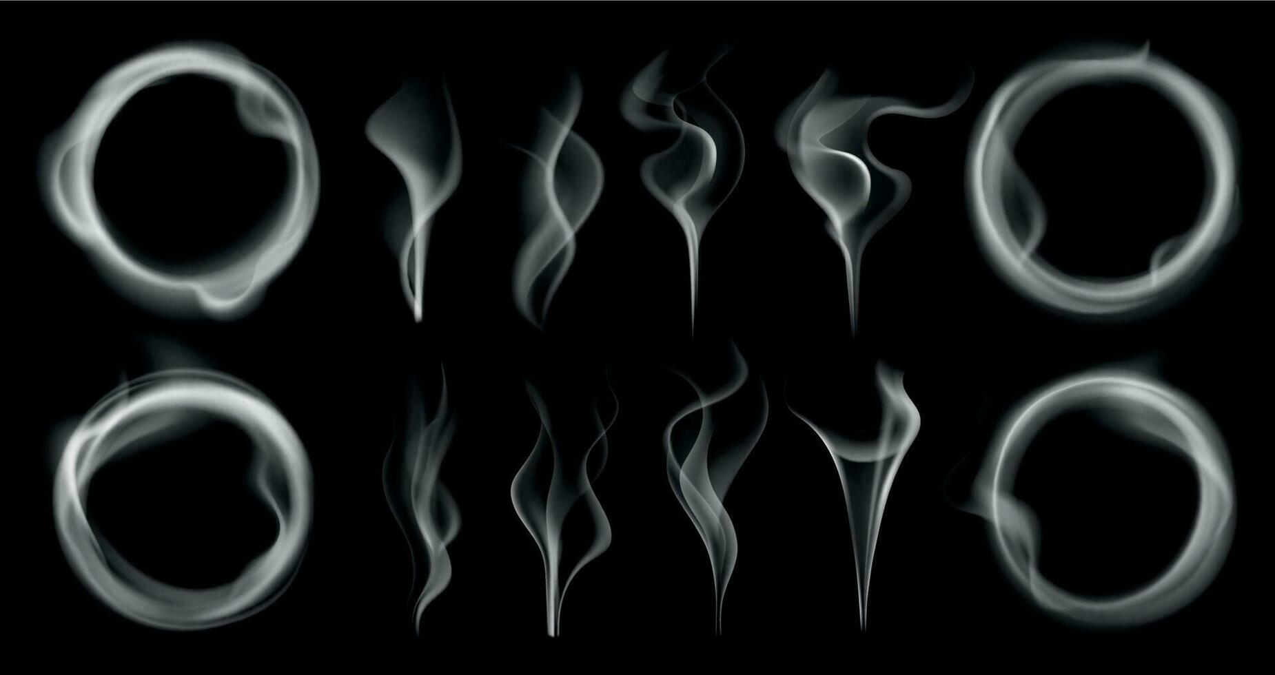 Steam smoke shapes. Smoking vapor streams, steaming vaping ring and vapor waves translucent realistic 3D effect isolated vector set