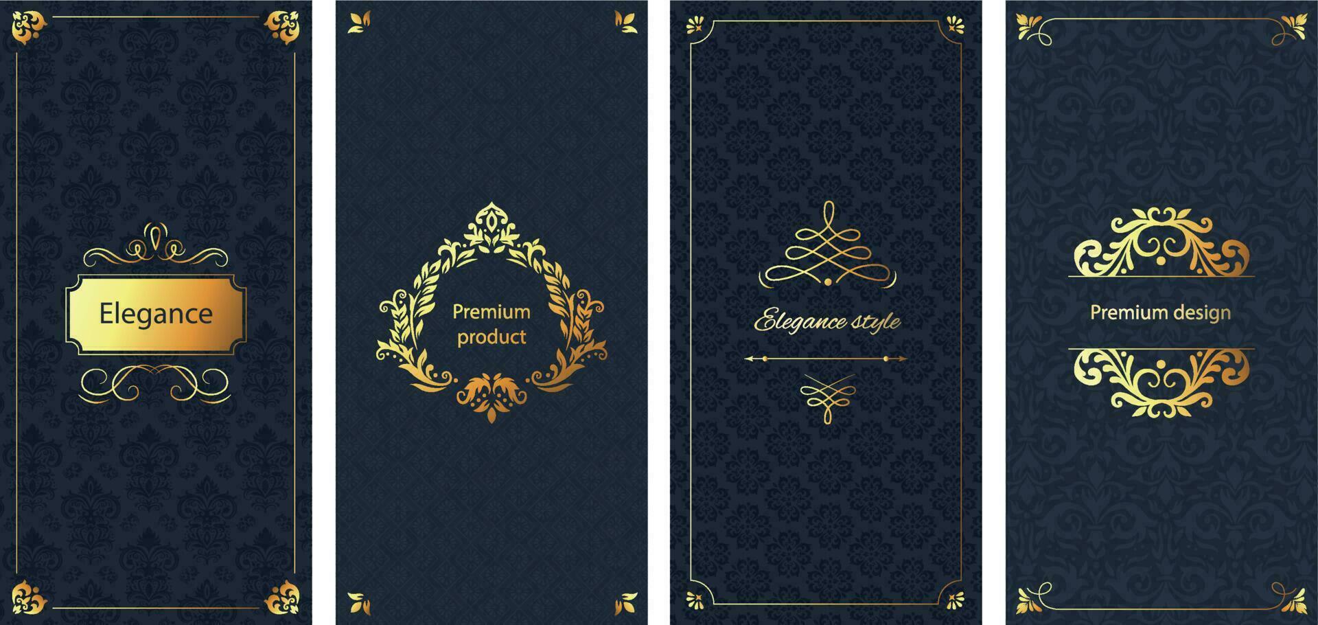 Elegant invitation. Decorative damask ornament pattern, golden frame and baroque ornate luxury brochure background vector set