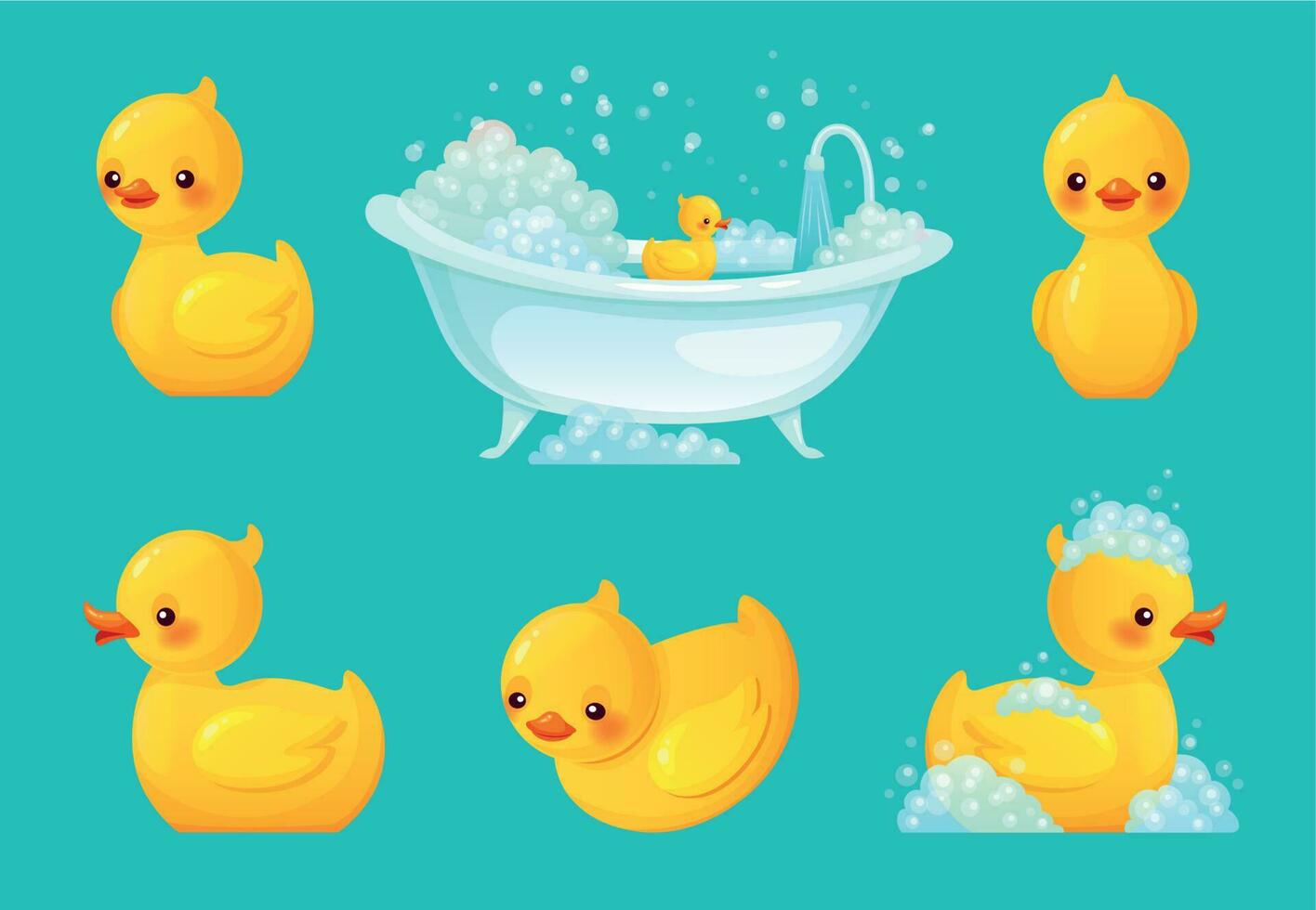 Yellow bath duck. Bathroom tub with foam, relaxing bathing and spa rubber ducks cartoon vector illustration