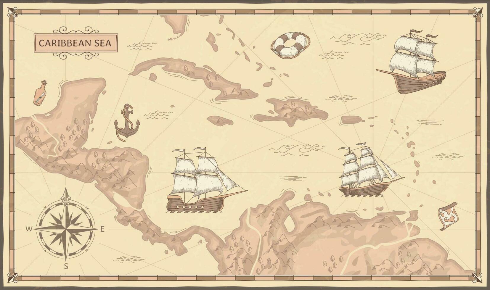 Old caribbean sea map. Ancient pirate routes, fantasy sea pirates ships and vintage pirate maps vector concept illustration