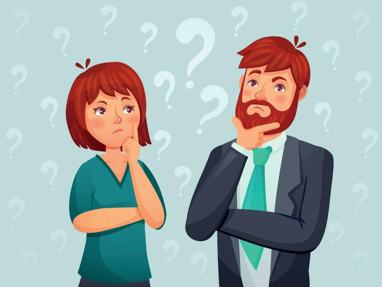 Thinking couple. Thoughtful man and woman, confused troubled question and people finding answer cartoon vector illustration