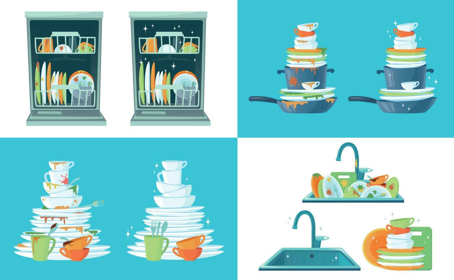 Dirty kitchen dish. Clean empty dishes, plates in dishwasher and dinnerware in sink. Washing up dish cartoon vector illustration