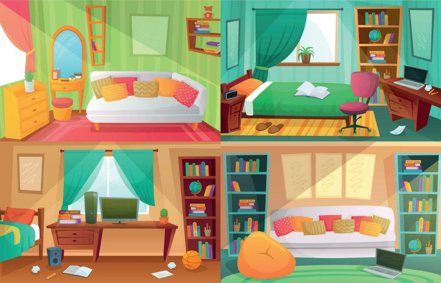 Teenagers bedroom. Student cluttered room, teenager college house apartment and home rooms furniture cartoon vector illustration