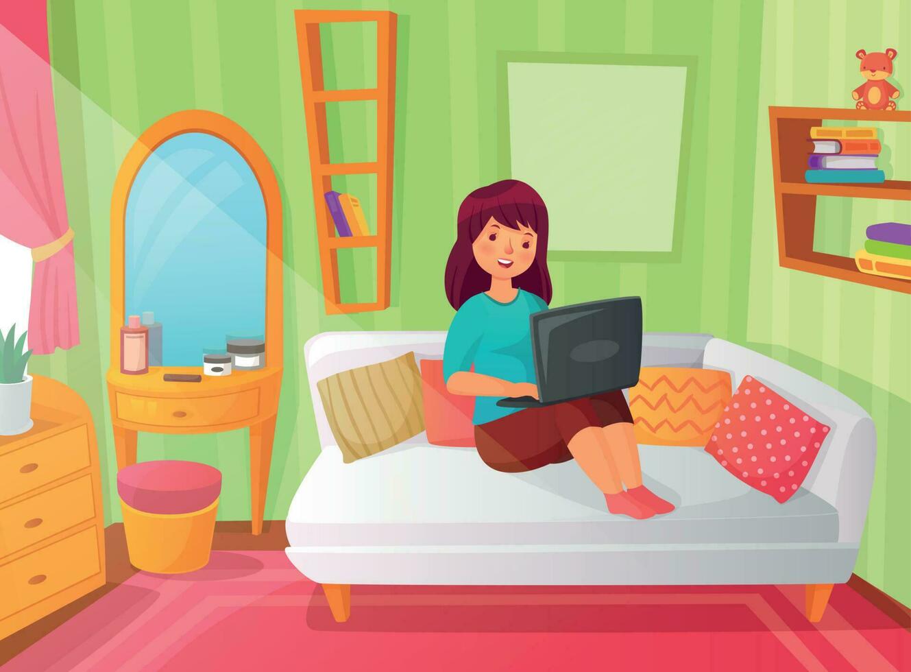 niña estudiante dormitorio. adolescente Departamento habitación, en línea estudiar a hogar y mujer estudiante leyendo en ordenador portátil computadora dibujos animados ilustración vector