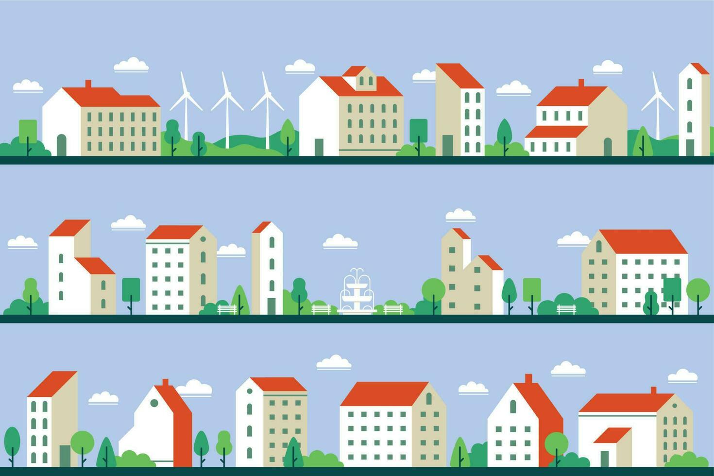 Minimal city panorama. Townhouses buildings, townscape and cityscape building geometric style flat vector illustration set