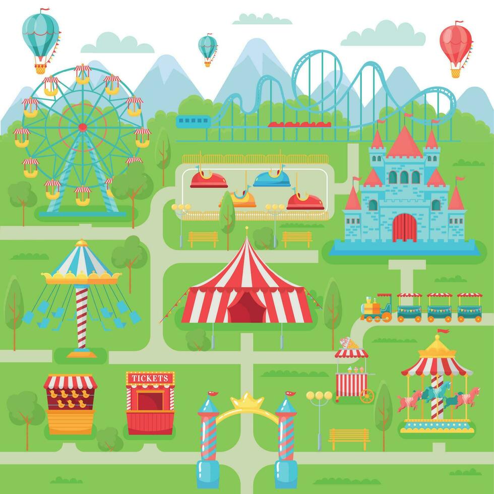 diversión parque mapa. familia entretenimiento festival atracciones carrusel, rodillo portavasos y ferris rueda vector ilustración
