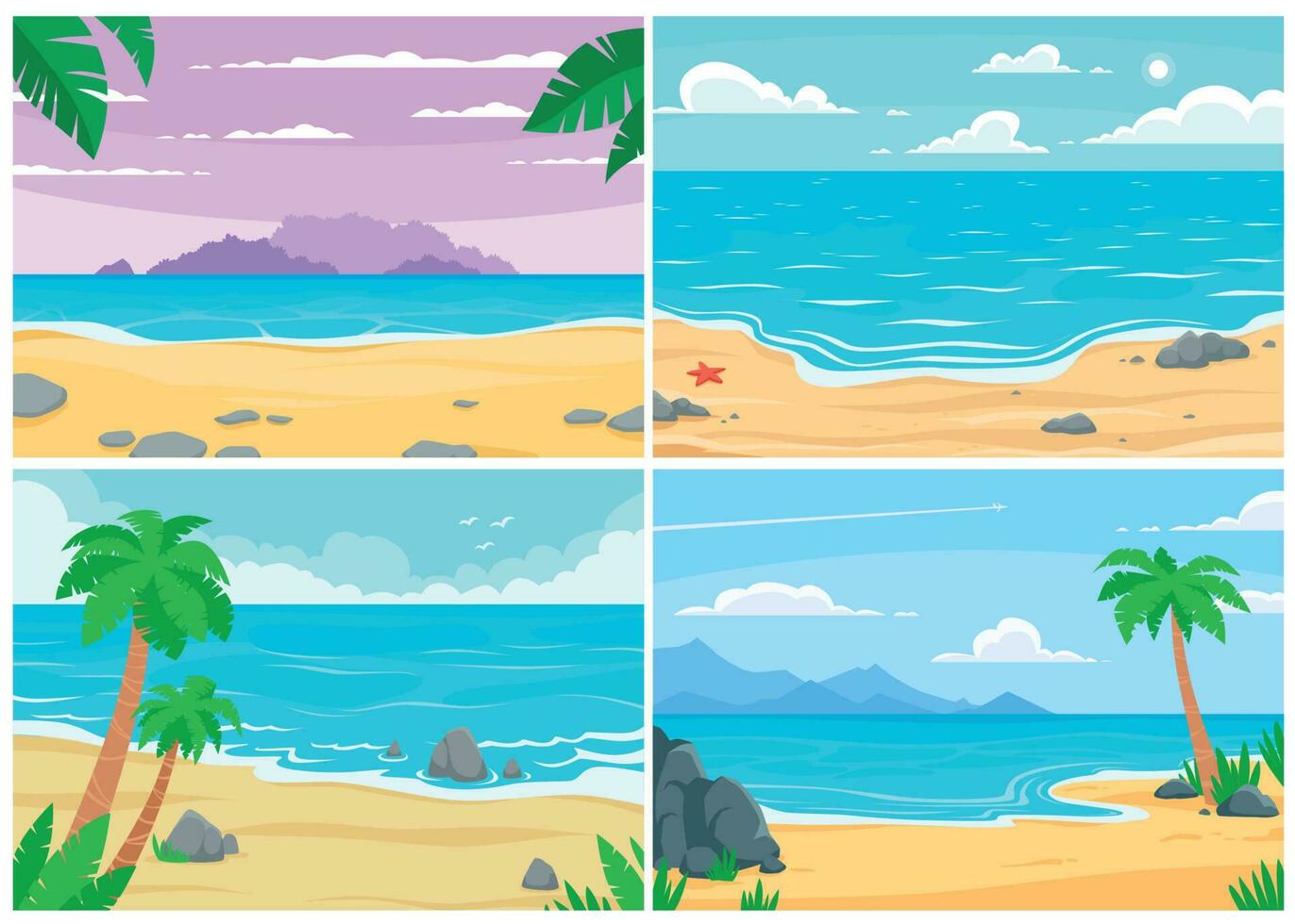 verano playa. Oceano o mar costa, playas paisaje y tiempo de día arena playa dibujos animados vector antecedentes ilustración