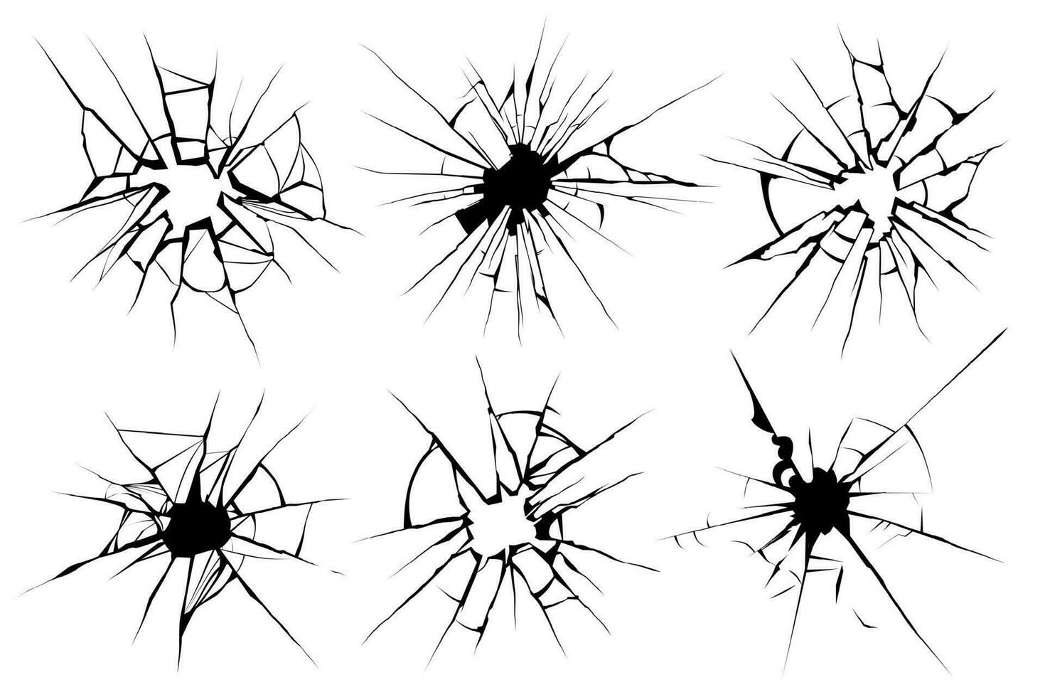 Cracked glass. Broken window, shattered glassy surface and break windshield glass texture silhouette vector illustration set