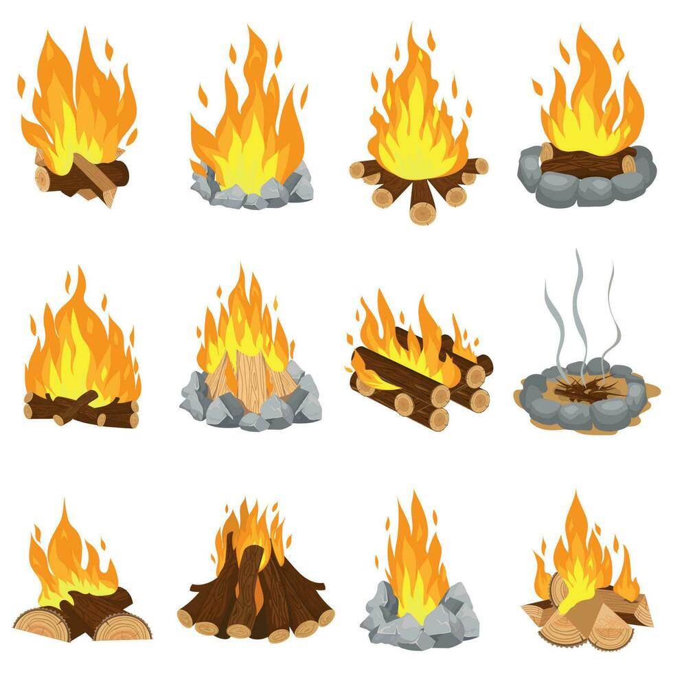 madera hoguera. al aire libre hoguera, fuego ardiente de madera registros y cámping Roca hogar dibujos animados vector ilustración conjunto