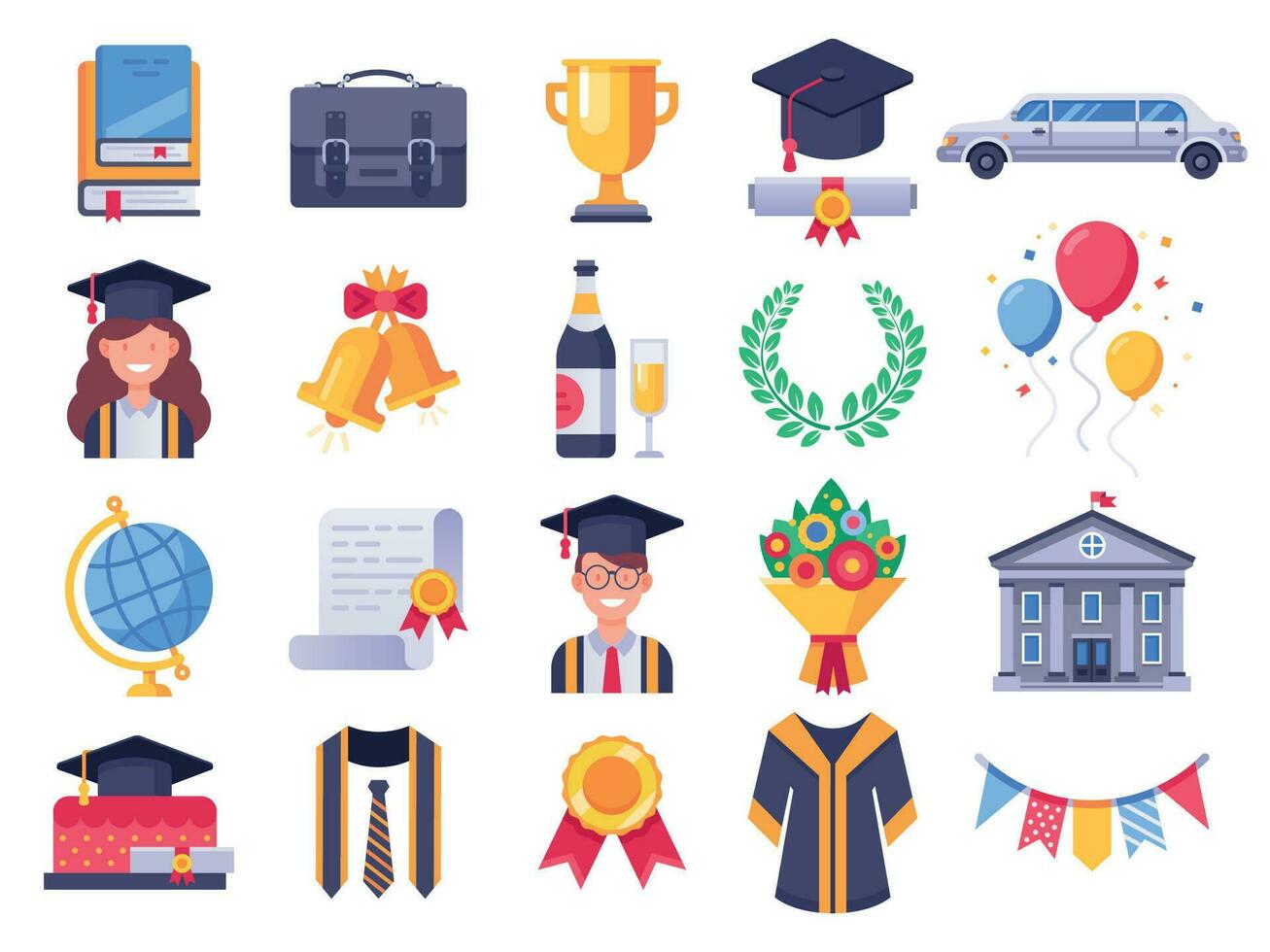 Graduation day icons. College graduate students party, graduation cap and student gown. Exams icon vector illustration set