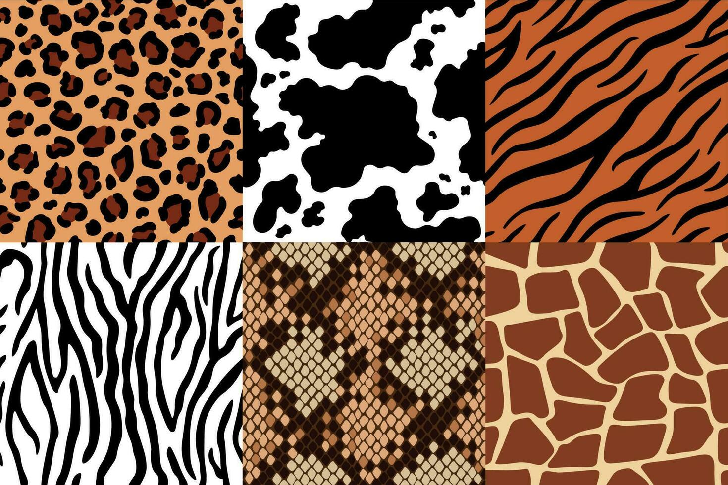 animal Pieles modelo. leopardo cuero, tela cebra y Tigre piel. safari jirafa, vaca impresión y serpiente sin costura patrones vector conjunto