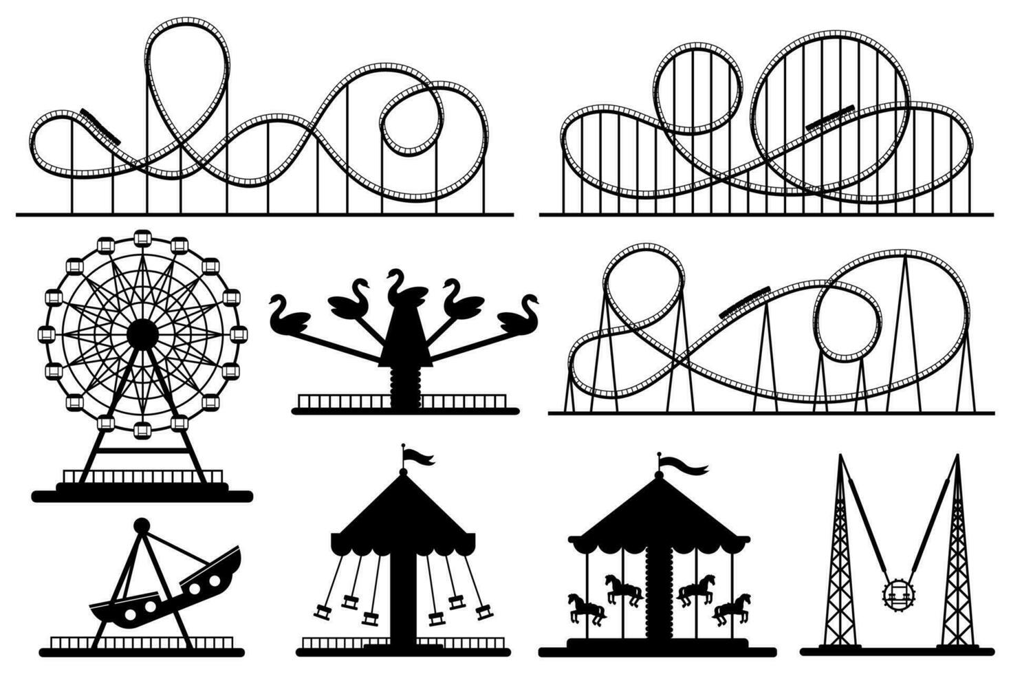 Amusement park silhouette. Roller coaster, festive carnival carousel and ferris wheel vector silhouettes set