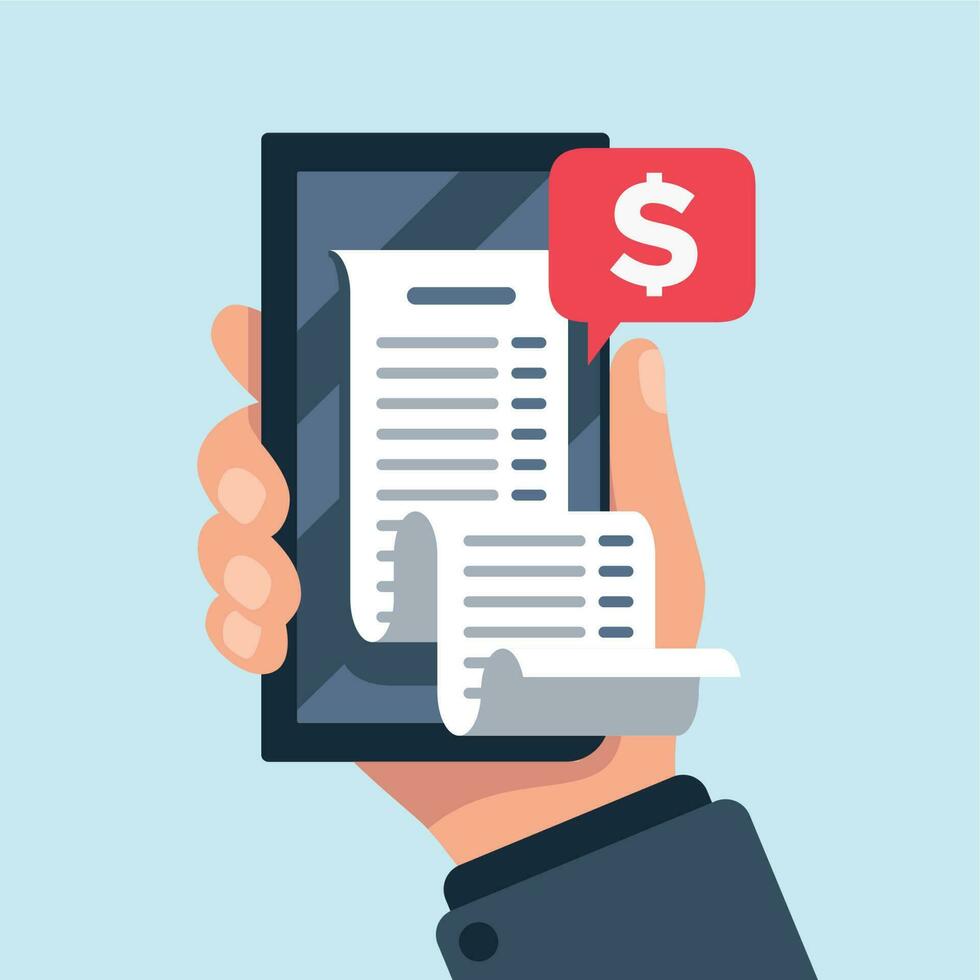 Smartphone receipt bill. Billing check online, bills checking and paycheck receipts mobile notification flat vector illustration