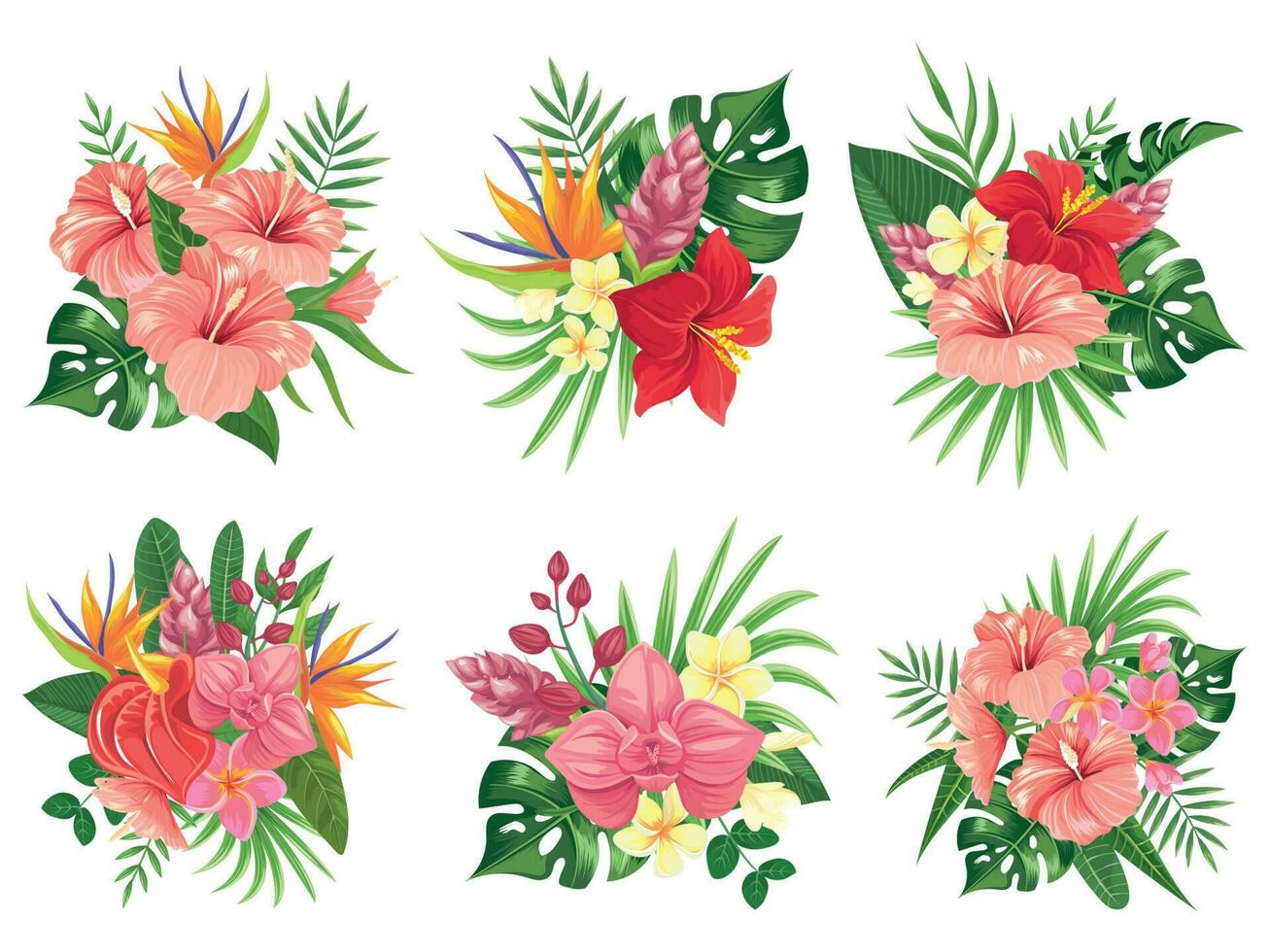 Tropical flowers bouquet. Exotic palm leaves, floral tropic bouquets and tropicals wedding invitation vector illustration set