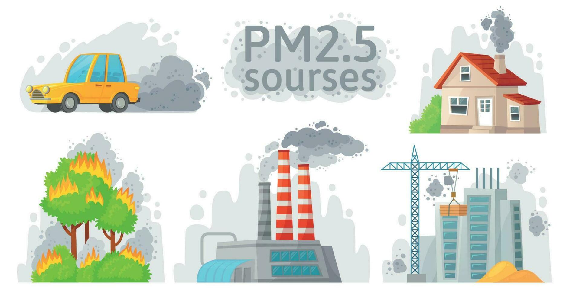 aire contaminación fuente. pm 2.5 polvo, sucio ambiente y contaminado aire fuentes infografía vector ilustración