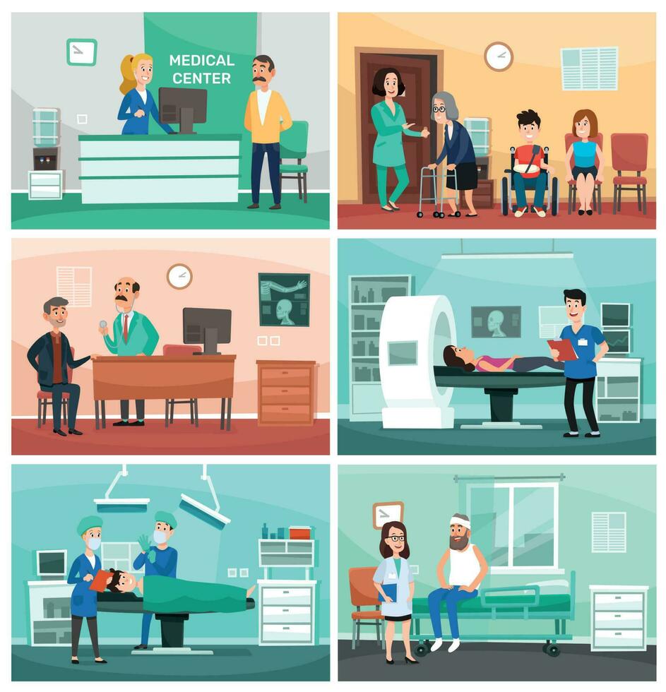 Medical hospital. Clinical care, emergency nurse with patient and hospitals doctor vector cartoon illustration