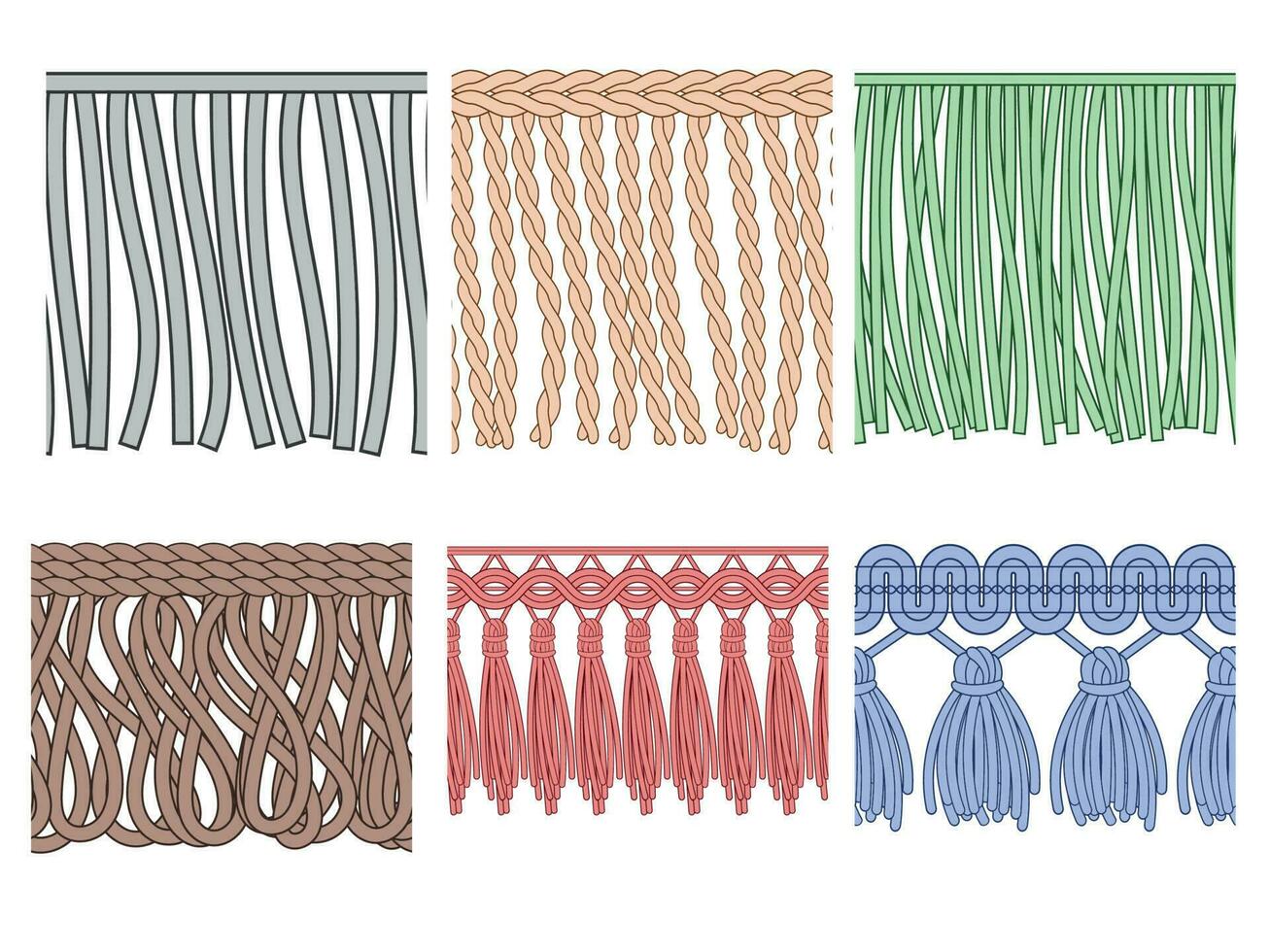 Fringe trim. Textile fringes, raw cloth edge and fashion garment frills. Seamless ruffles fiber vector patterns
