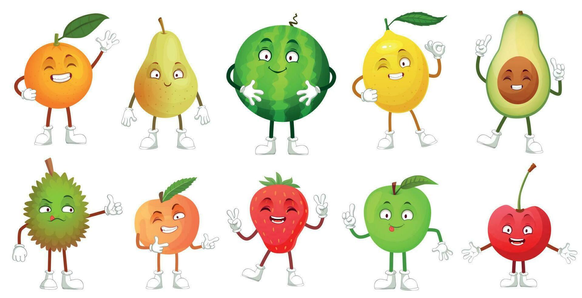 dibujos animados Fruta personaje. contento frutas mascota gracioso durián, sonriente manzana y pera. sano Fresco comida vector ilustración conjunto