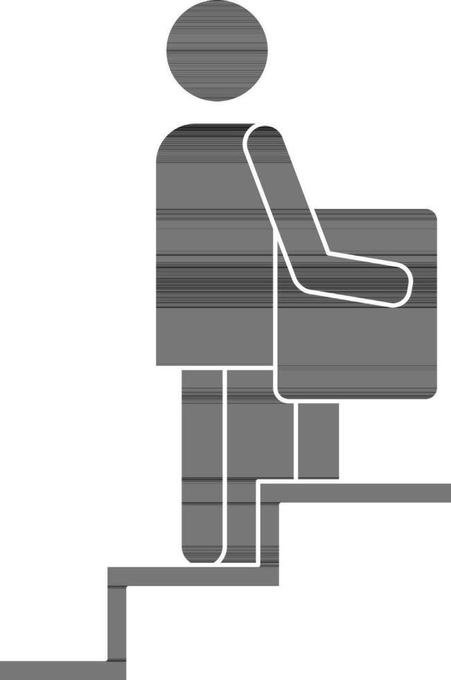 Character of human holding box and climbing on stairs. vector