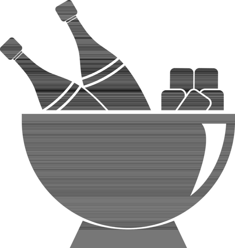 black and white ice cubes and bottles in bowl. vector