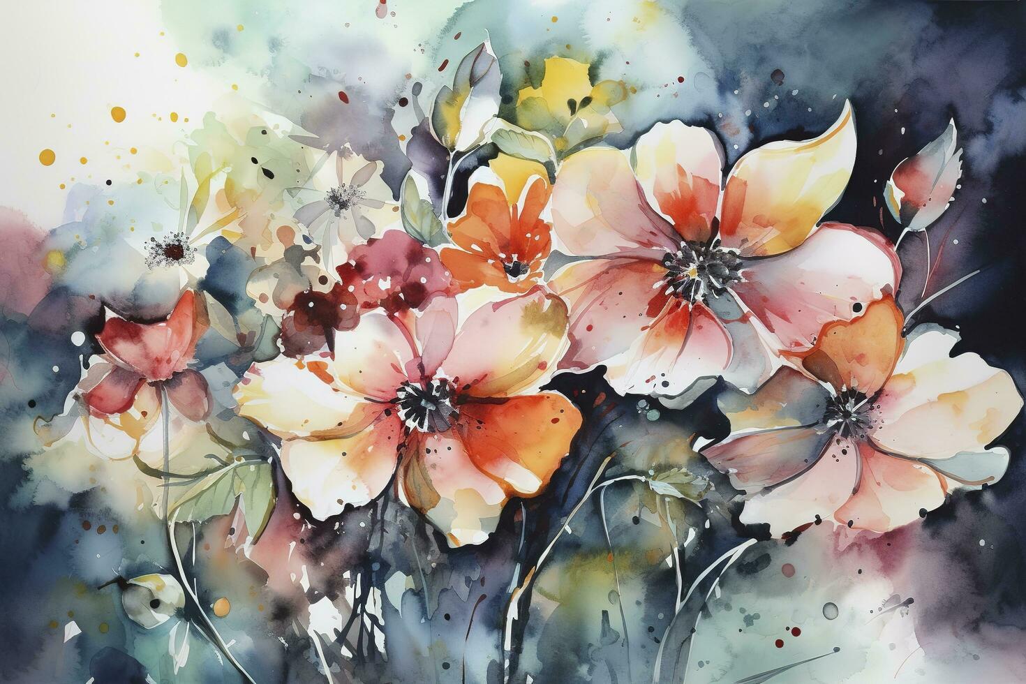 Use watercolor to create a series of abstract floral patterns, using color and shape to capture the essence of flowers without depicting them realistically, generate ai photo