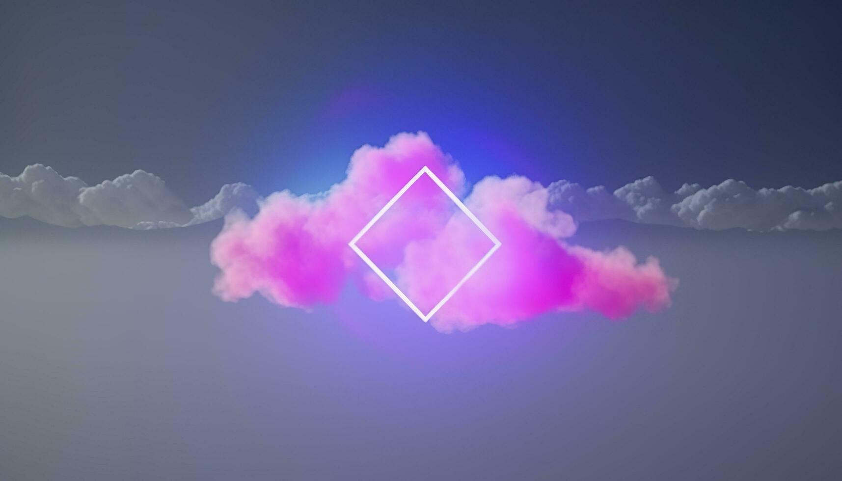 3d render, abstract minimal background with pink blue yellow neon light square frame with copy space, illuminated stormy clouds, glowing geometric shape, generate ai photo