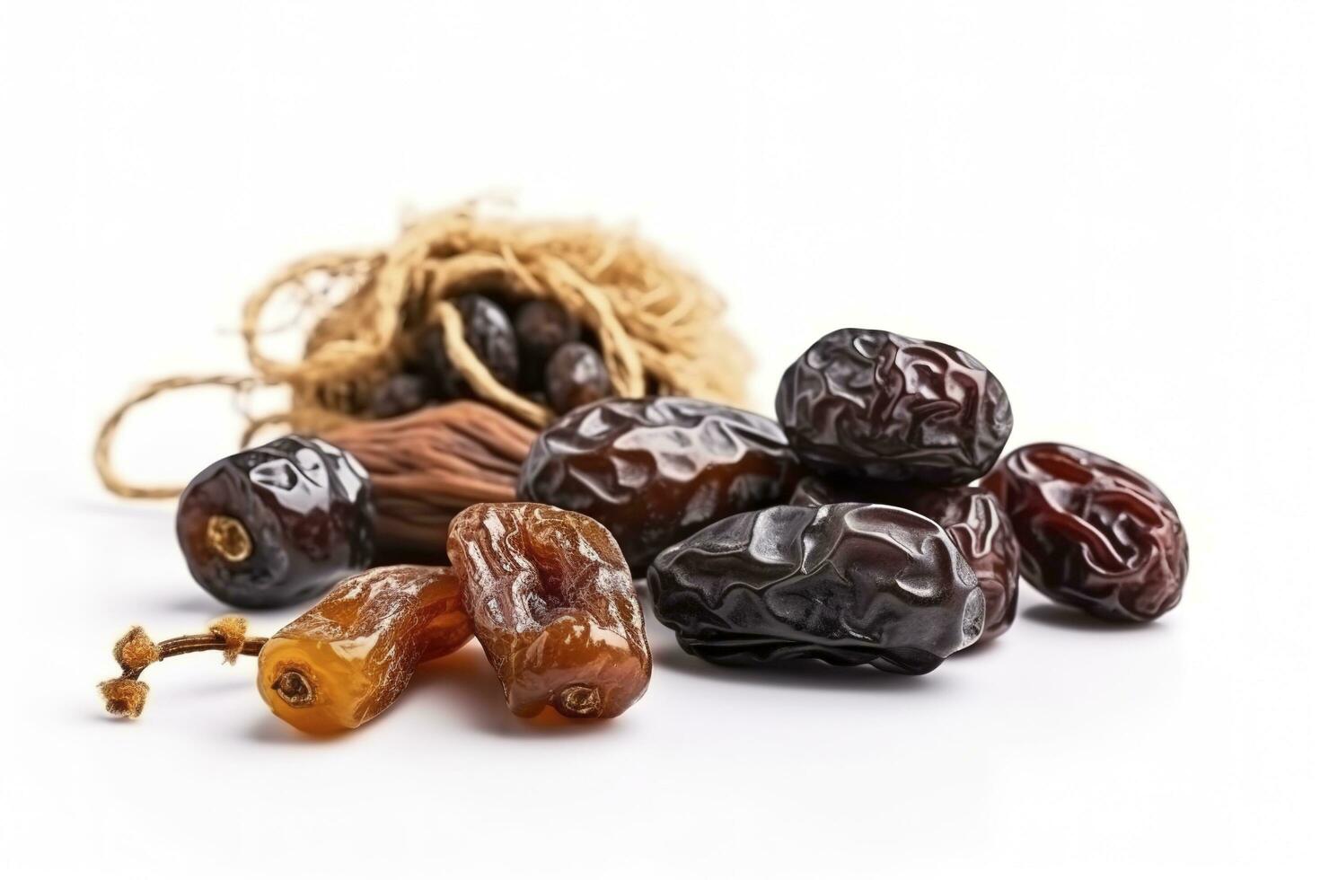 Eid al-Fitr holiday concept with sweet dried dates, fruits and decorations on bright background. Top view from above, generate ai photo